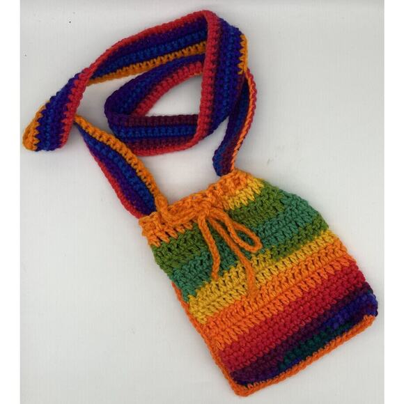 Handmade Handbags - HANDMADE Crocheted RAINBOW Knit Crossbody Shoulder Purse Bag Boho Hippie EUC